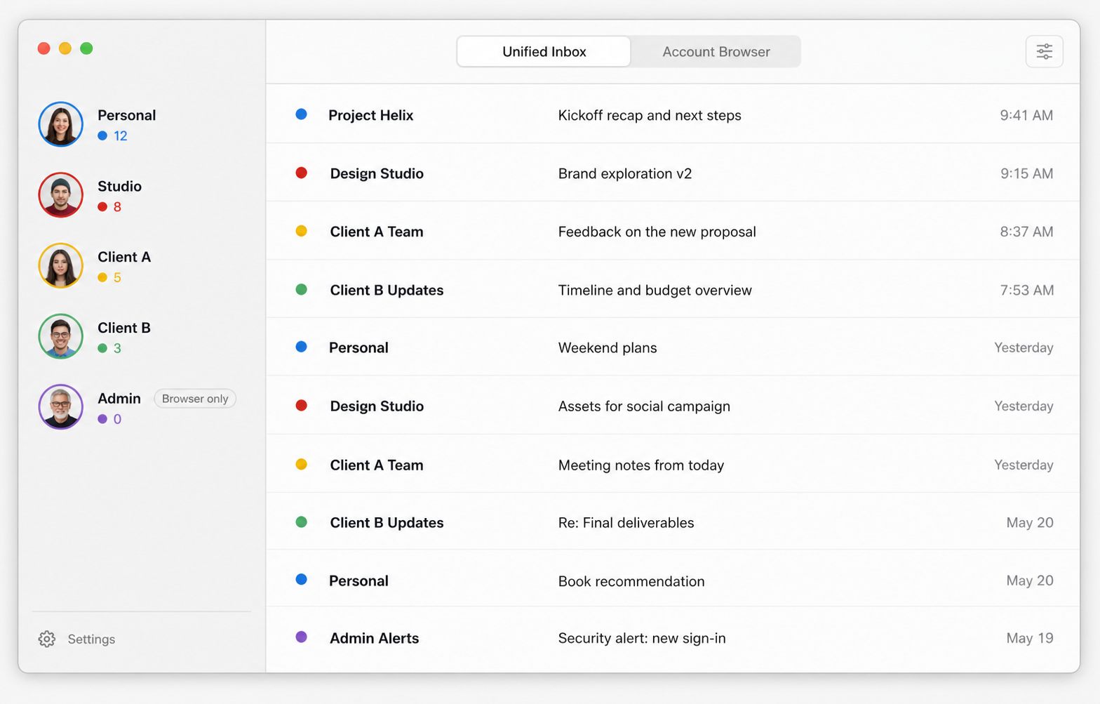 Ratatoskr unified inbox showing five separate Google identities